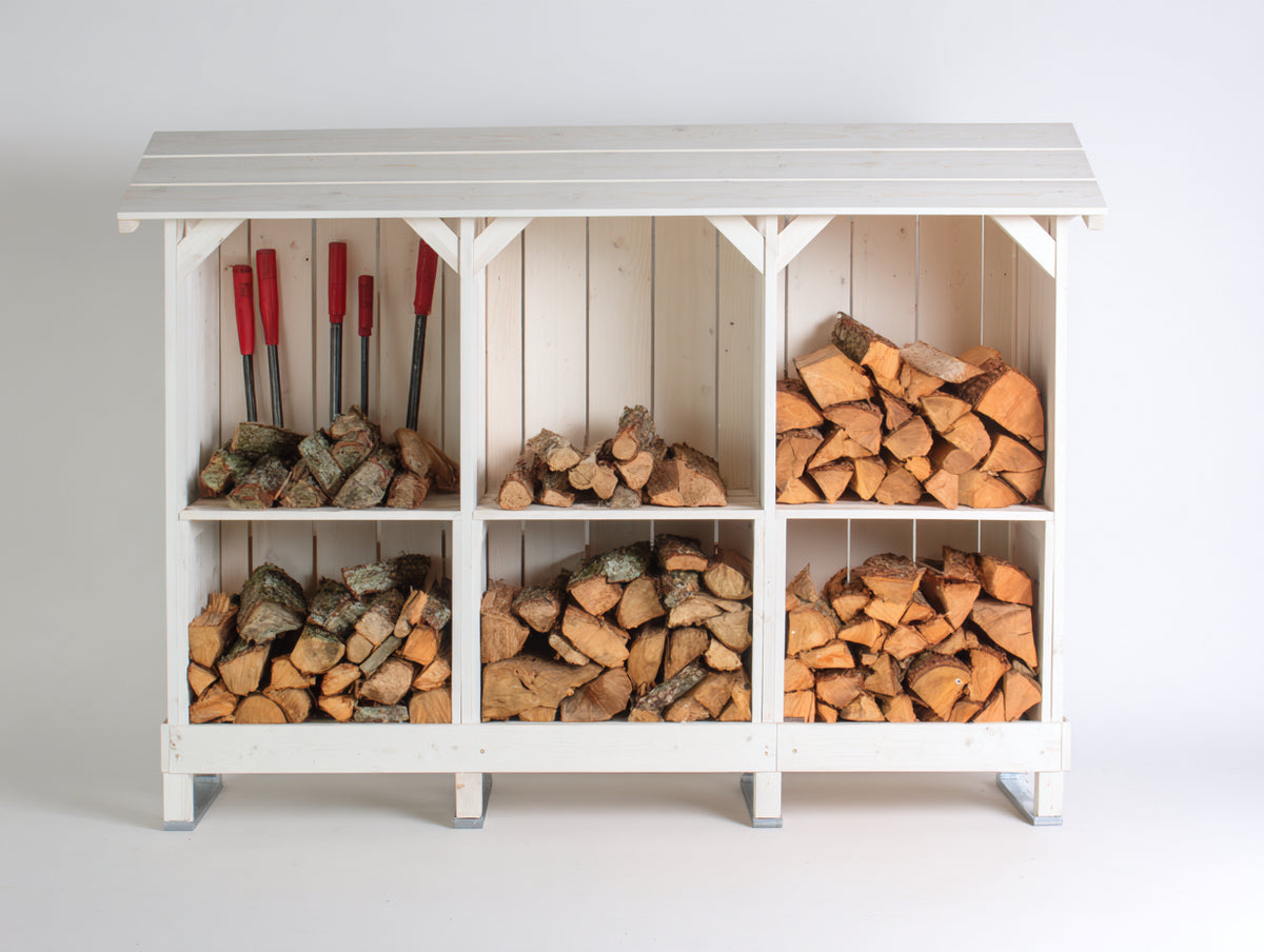 Portalegna - Legno - 210 x 75 x 165 cm - Bianco-Legno naturale - Stile rustico con tetto inclinato e vani separati