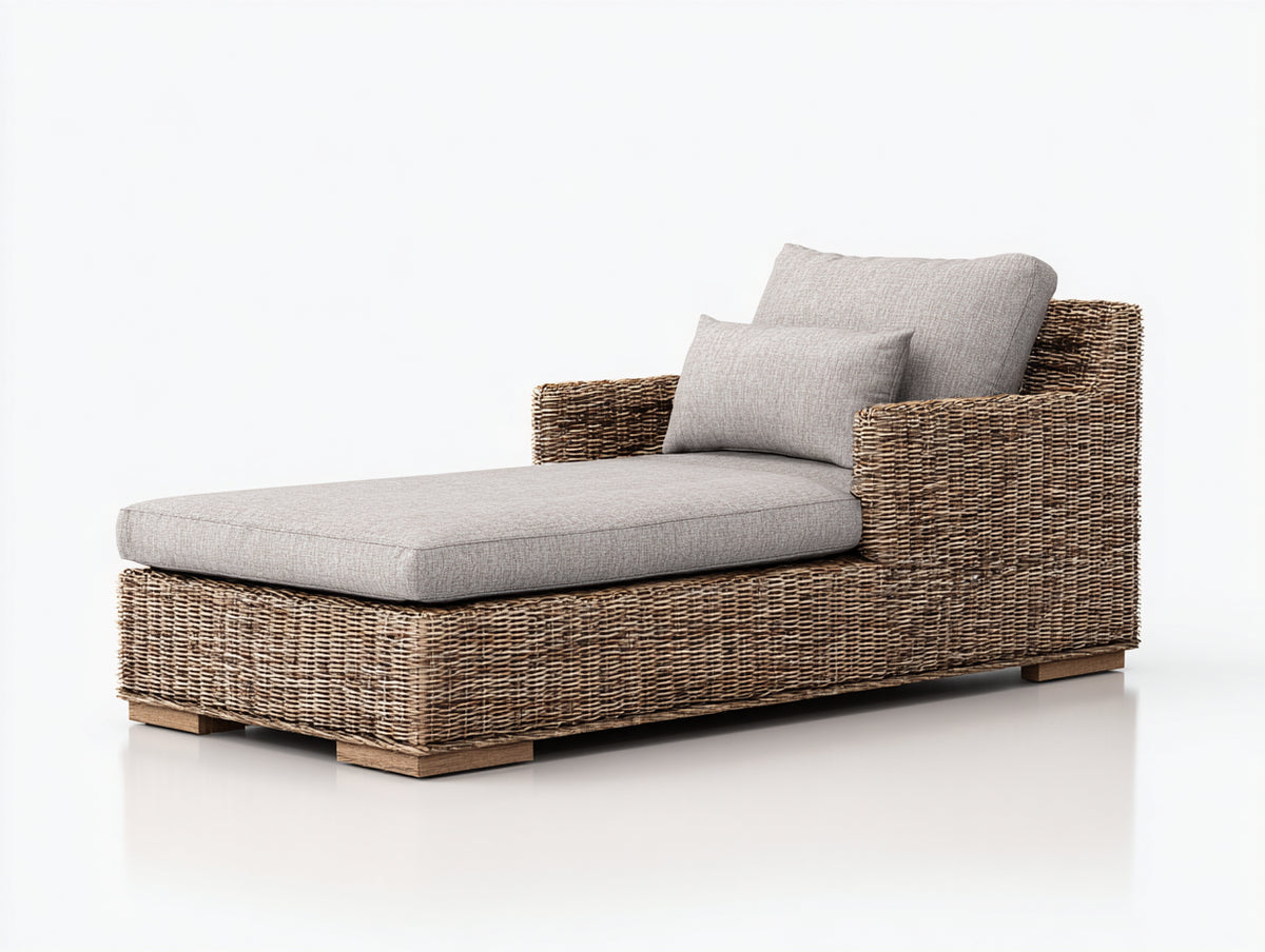 Lettino prendisole - Rattan sintetico-Tessuto-Legno - 175 x 90 x 85 cm - Marrone naturale-Grigio chiaro - Stile contemporaneo