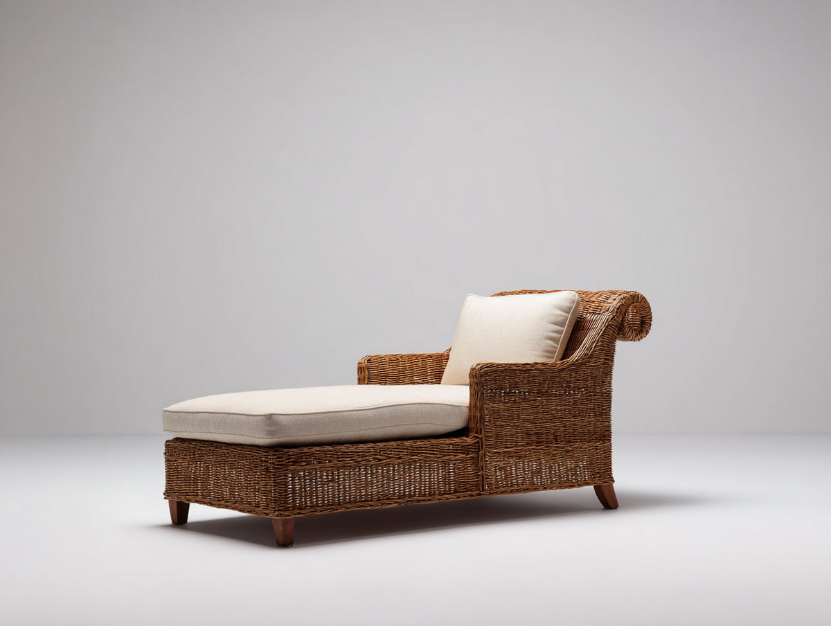 Lettino prendisole - Rattan sintetico-Tessuto-Legno - 175 x 82 x 88 cm - Marrone naturale-Beige - Stile classico