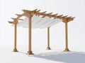 Pergola da giardino - Legno-Tessuto - 350 x 300 x 250 cm - Marrone chiaro-Bianco - Stile mediterraneo con copertura ondulata