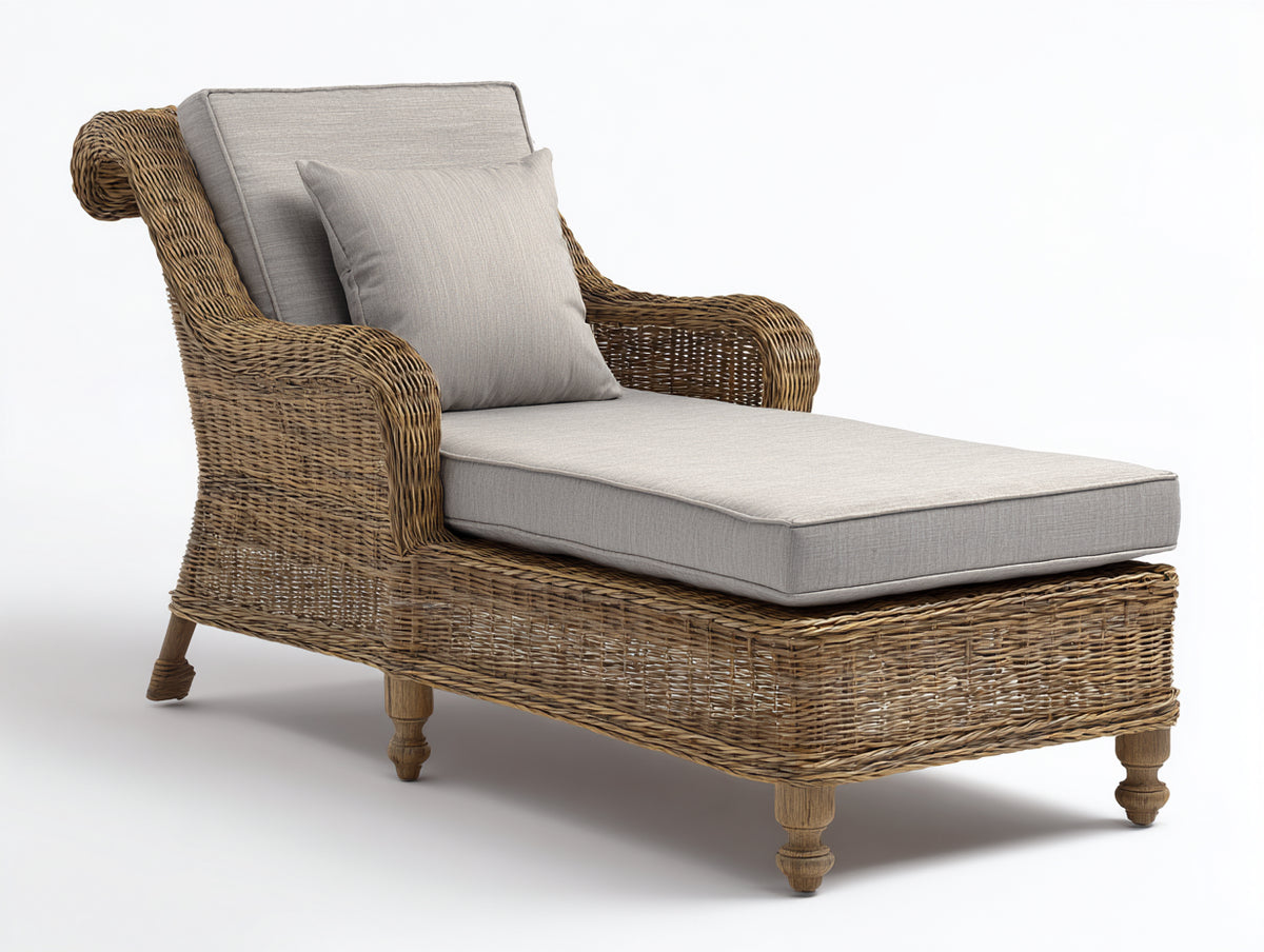 Lettino prendisole - Rattan sintetico-Tessuto-Legno - 185 x 86 x 92 cm - Marrone naturale-Grigio chiaro - Stile classico