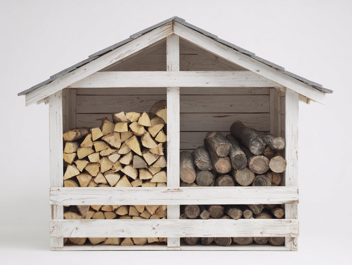 Portalegna - Legno - 185 x 90 x 175 cm - Bianco-Grigio - Stile rustico con vano diviso e tetto a doppia falda