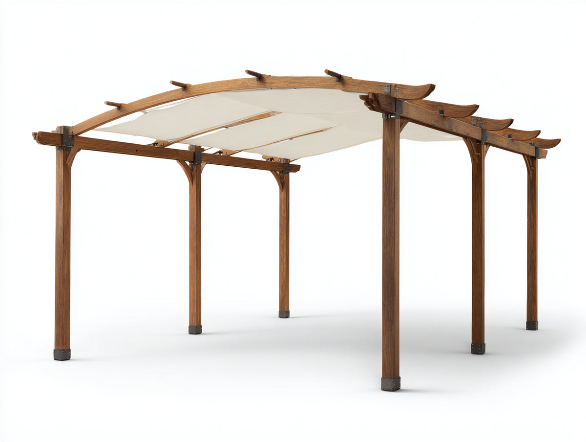 Pergola da giardino - Legno-Tessuto - 400 x 300 x 250 cm - Marrone scuro-Bianco crema - Stile classico con copertura arcuata
