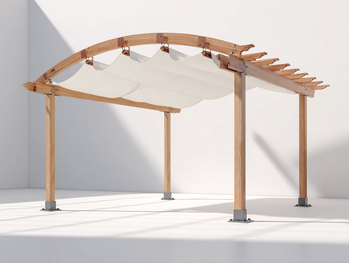 Pergola da giardino - Legno-Tessuto - 400 x 300 x 250 cm - Marrone-Bianco crema - Stile naturale con copertura arcuata
