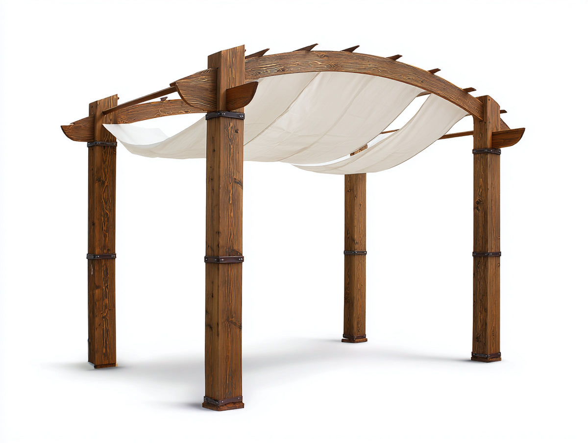 Pergola da giardino - Legno-Tessuto - 320 x 300 x 245 cm - Marrone scuro-Bianco crema - Stile rustico con copertura curva