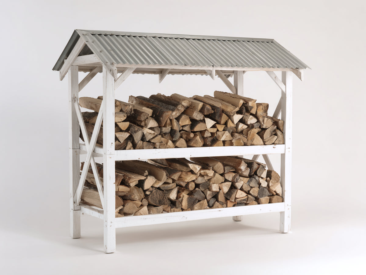 Portalegna - Legno-Metallo - 205 x 85 x 185 cm - Bianco-Grigio - Stile rustico con tetto a doppia falda