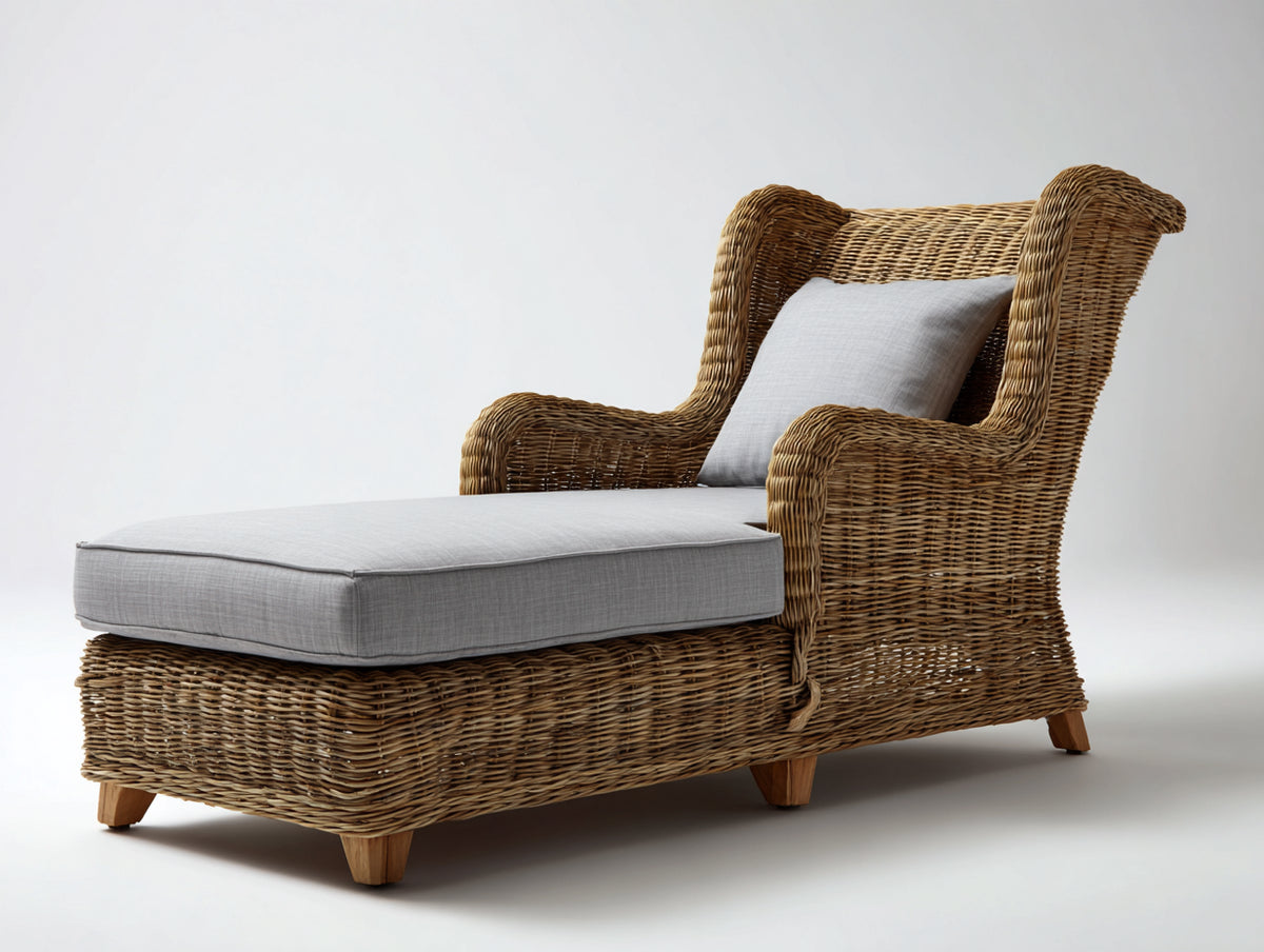 Lettino prendisole - Rattan sintetico-Tessuto-Legno - 178 x 84 x 96 cm - Marrone naturale-Grigio chiaro - Stile classico