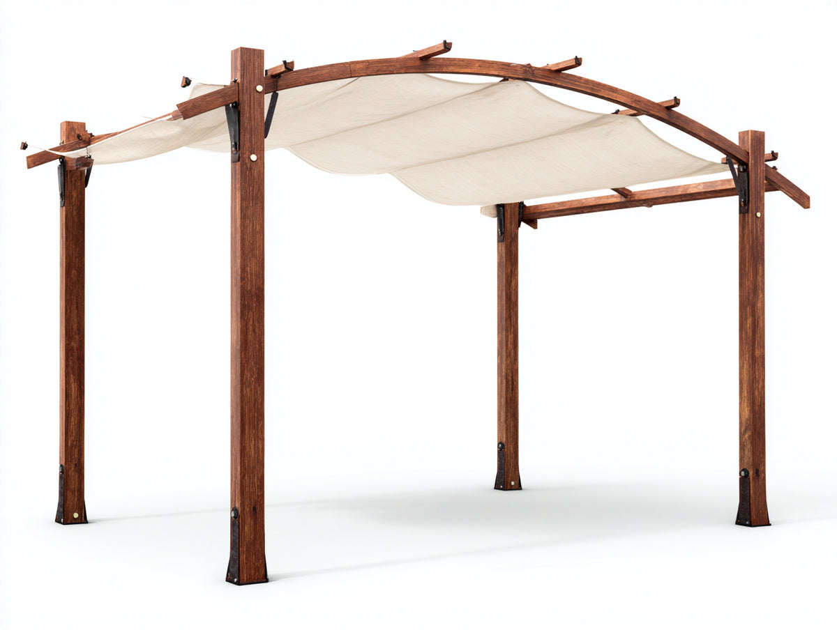Pergola da giardino - Legno-Tessuto - 350 x 300 x 240 cm - Marrone scuro-Bianco crema - Stile rustico con tetto arcuato